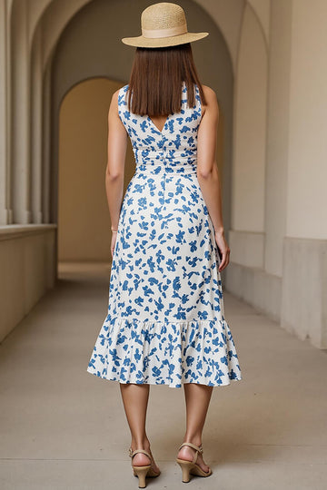 White Blue Printed A Line Long Summer Dress with Ruffles